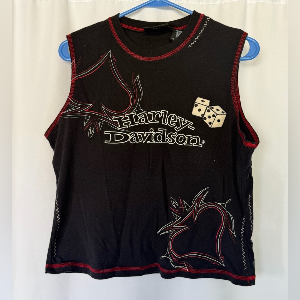 Harley-Davidson Black Tank Top with Red Trim and Dice Graphic